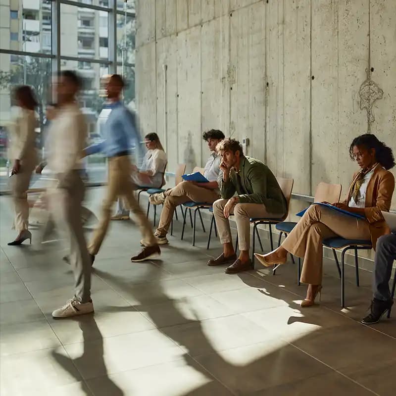 Job candidates sitting in a bright, modern waiting area, ready for their interviews.